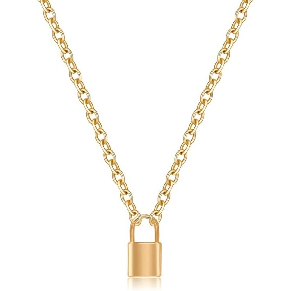 NEW Gold Tone Lock Pendant Very Lightweight Costume Jewelry Necklace Minimalist